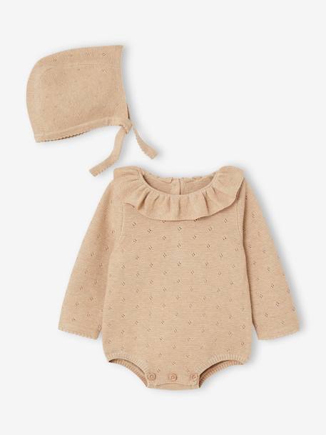 Knitted Long Sleeve Rompers & Bonnet for Babies marl beige - vertbaudet enfant 