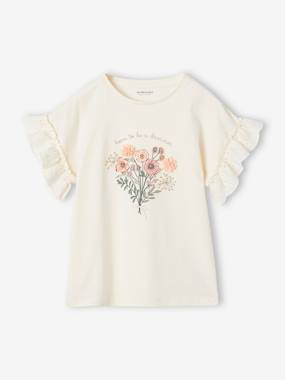 -T-Shirt with Bouquet in Relief & Embroidered Sleeves for Girls