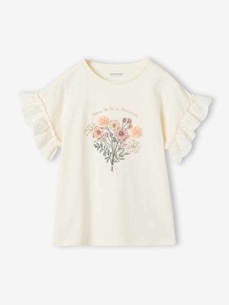 T-Shirt with Bouquet in Relief & Embroidered Sleeves for Girls vanilla - vertbaudet enfant 