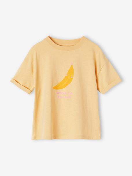 T-Shirt with Pop Motif, Short Turn-Up Sleeves, for Girls apricot+pale yellow - vertbaudet enfant 