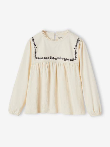 Blouse-Like Top with Embroidered Flowers, for Girls vanilla - vertbaudet enfant 