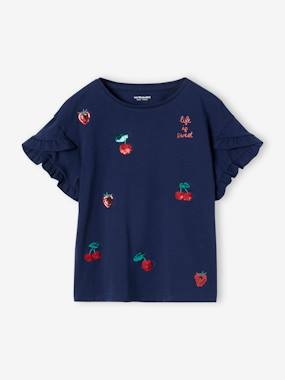 Tee-shirt rayé avec coeur en sequins fille  - vertbaudet enfant