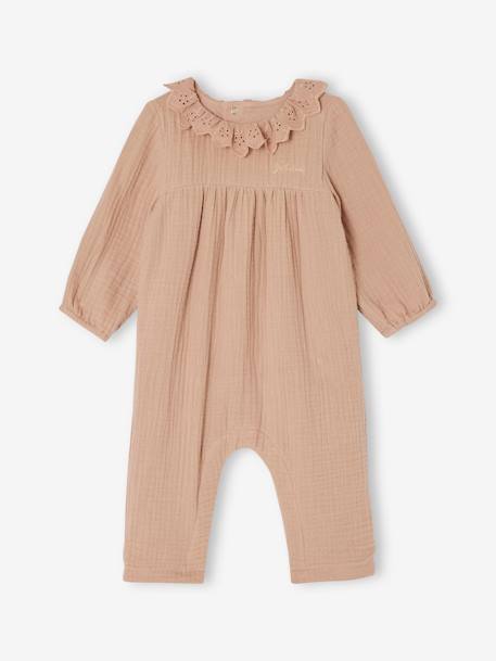 Jumpsuit for Baby, in Cotton Gauze BROWN LIGHT SOLID WITH DESIGN+cappuccino+White - vertbaudet enfant 