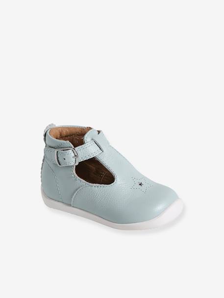 T-Strap Soft Leather Ankle Boots for Babies, Designed for First Steps sky blue - vertbaudet enfant 