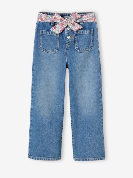 Wide Leg Jeans with Floral Belt, for Girls stone - vertbaudet enfant 