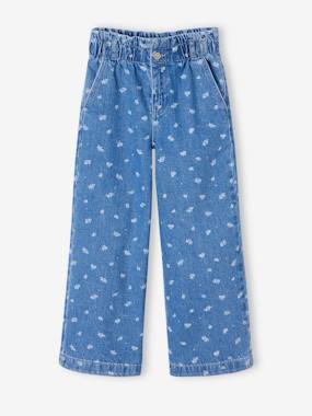 Girls-Jeans-Wide-Leg Paperbag Jeans with Flower Motifs for Girls