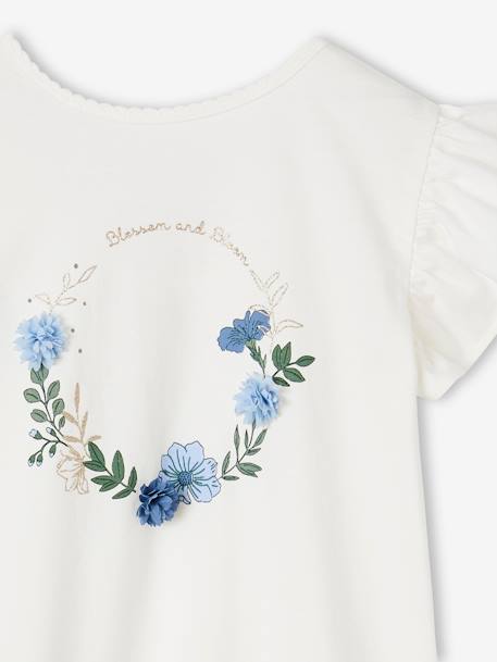 Tee-shirt couronne fleurs en relief et paillettes fille écru - vertbaudet enfant 