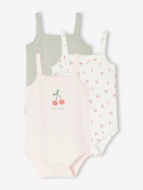 -Pack of 3 Cherries Bodysuits in  Organic Cotton with Fine Straps for Babies