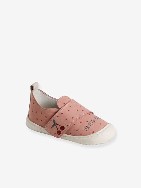 Indoor Shoes in Smooth Leather with Hook-&-Loop Strap, for Babies printed pink+rose - vertbaudet enfant 