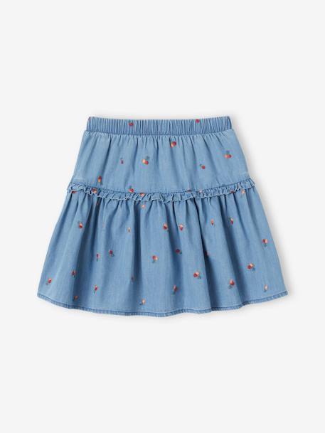 Light Denim Skirt with Embroidered Cherries, for Girls stone - vertbaudet enfant 