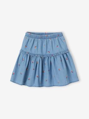 -Light Denim Skirt with Embroidered Cherries, for Girls
