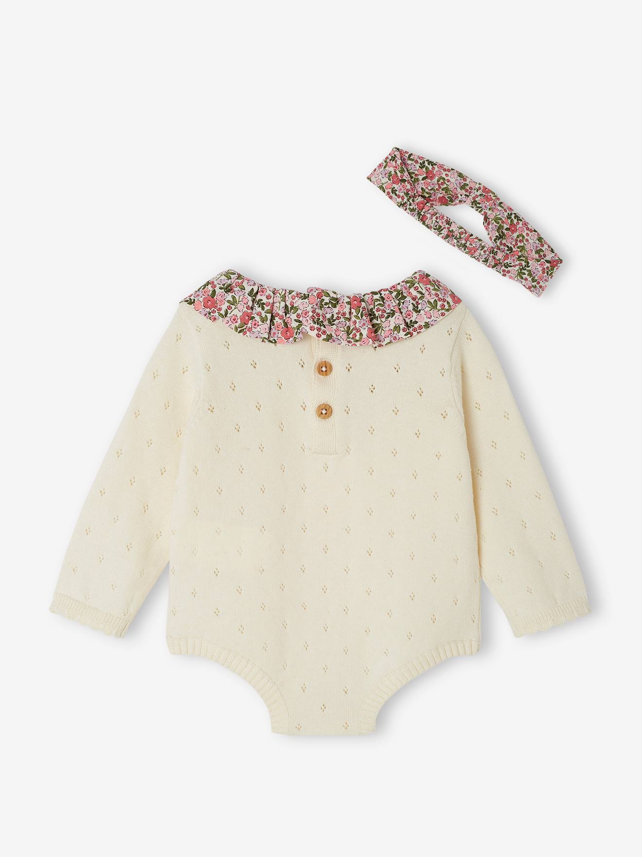 Barboteuse été Pour Bébé Fille - En Coton Doux Avec Imprimé Cœur Et Nœud - Bandeau Inclus - Tailles 0-3 à 6-9 Mois - 8