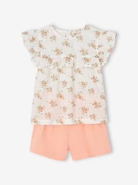 -Occasion Wear Outfit: Blouse with Ruffles & Shorts in Cotton Gauze, for Girls