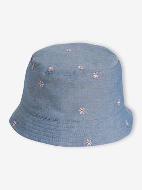 Baby-Accessories-Denim Bucket Hat with Embroidered Flowers, for Baby Girls