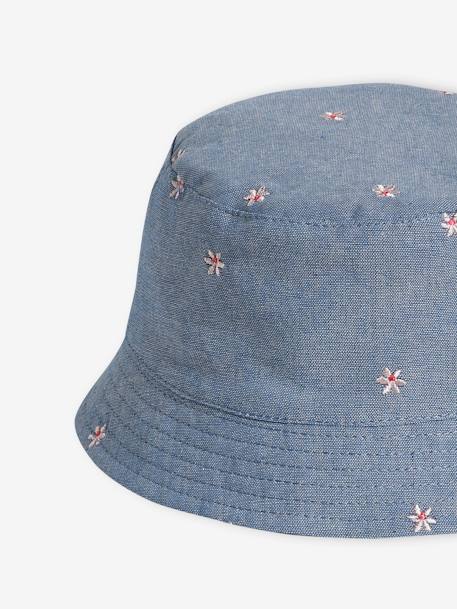 Denim Bucket Hat with Embroidered Flowers, for Baby Girls denim blue - vertbaudet enfant 