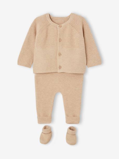3-Piece Knitted Ensemble: Cardigan, Trousers & Booties for Newborn Babies marl beige - vertbaudet enfant 