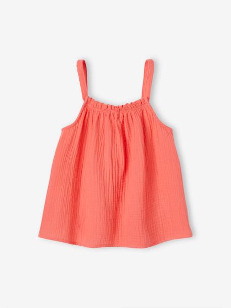 Strappy Blouse in Cotton Gauze, for Girls coral+ecru+fluorescent coral+printed white+sandy beige+WHITE LIGHT ALL OVER PRINTED - vertbaudet enfant 