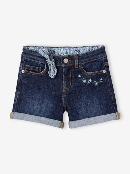 Denim Shorts with Floral Print & Embroidered Bow, for Girls brut denim+Denim Blue+double stone - vertbaudet enfant 