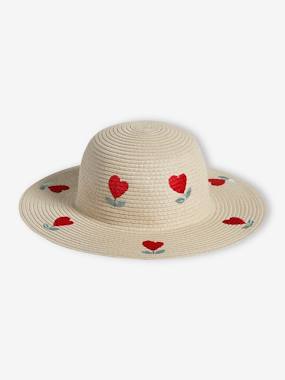 Girls-Accessories-Hats-Capeline Style Hat in Straw-Effect with Hearts for Girls