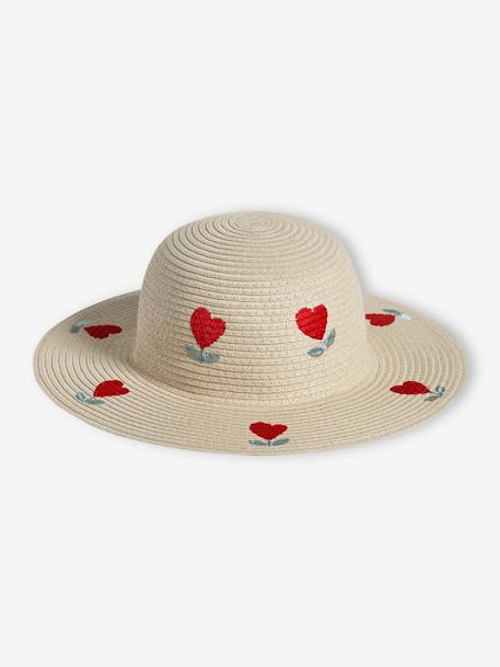 Capeline Style Hat in Straw-Effect with Hearts for Girls wood - vertbaudet enfant 