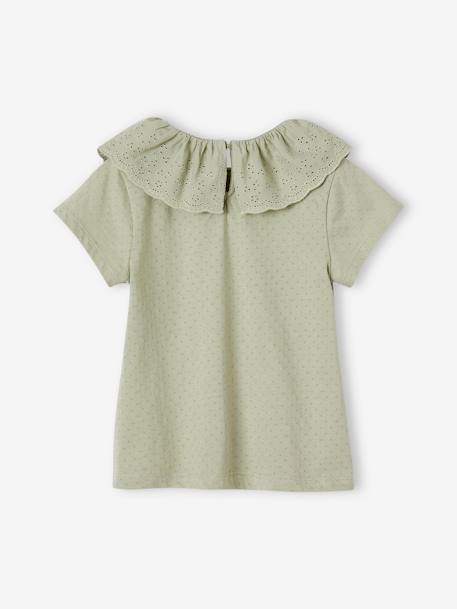 T-shirt à collerette en broderie anglaise fille écru+vert sauge+vieux rose - vertbaudet enfant 