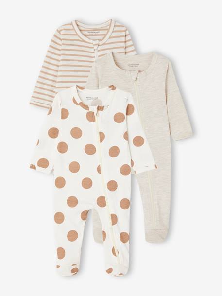 Lot de 3 pyjamas bébé en jersey ouverture zippée BASICS bleu chambray+blush+cappuccino - vertbaudet enfant 