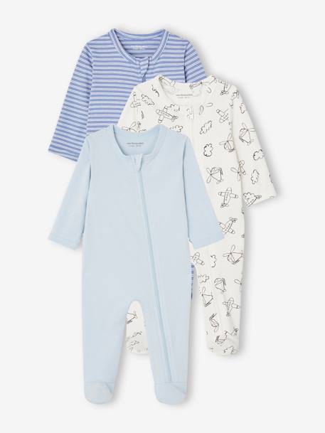 Lot de 3 pyjamas bébé en jersey ouverture zippée BASICS bleu chambray+blush+cappuccino - vertbaudet enfant 