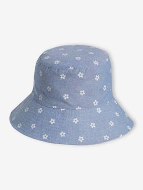 Floral Capeline-Style Bucket Hat in Denim for Girls  - vertbaudet enfant