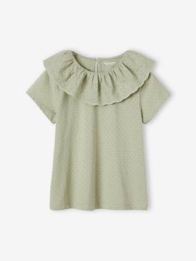 Girls-Tops-T-Shirts-Top with Frilled Collar in Broderie Anglaise for Girls
