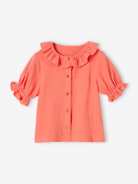 -Blouse in Cotton Gauze with Frilled Collar, for Girls