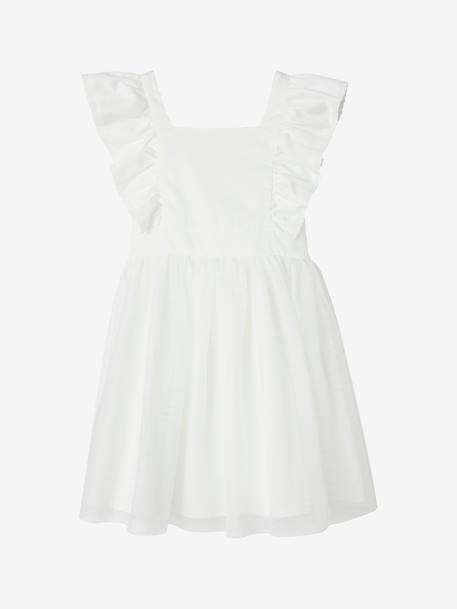 Robe cérémonie fille satin de coton à volants blanc+écru+rose pâle+vert sauge - vertbaudet enfant 