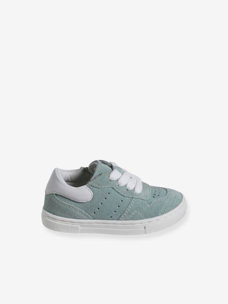 Leather Trainers with Laces & Zip, for Babies turquoise - vertbaudet enfant 