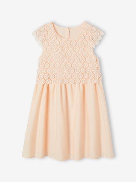 2-in-1 Special Occasion Dress, Macramé Top Layer, for Girls nude pink+WHITE LIGHT SOLID - vertbaudet enfant 