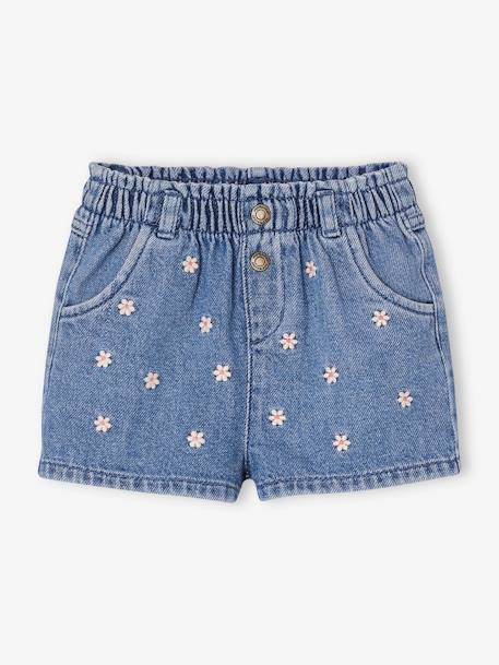 Denim Shorts with Embroidered Daisies, for Babies stone - vertbaudet enfant 