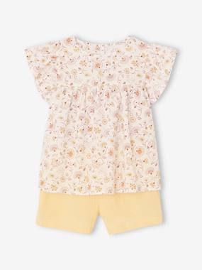 Girls-Outfits-Blouse with Flowers & Cotton Gauze Shorts Combo for Girls