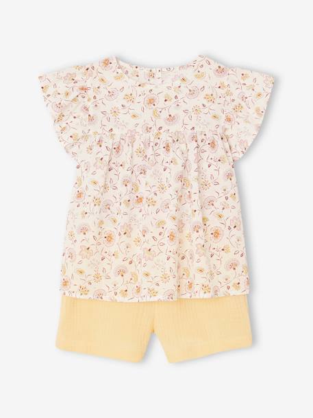 Ensemble fille blouse short en gaze de coton jaune pastel+lilas+vanille - vertbaudet enfant 
