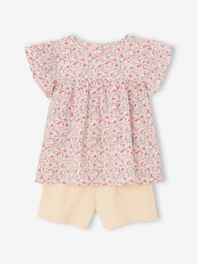 -Blouse with Flowers & Cotton Gauze Shorts Combo for Girls