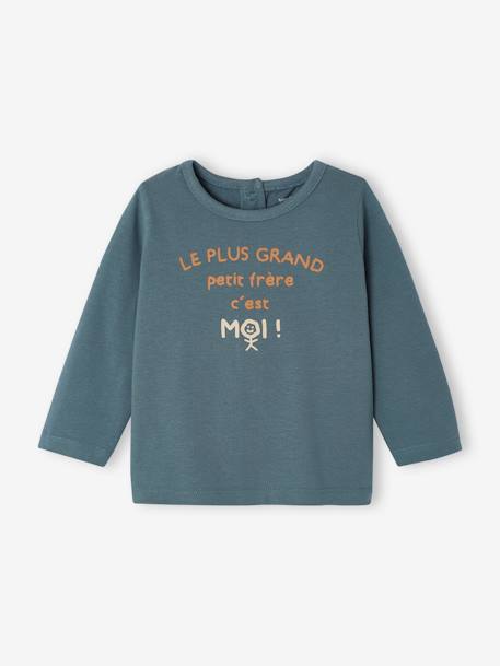 Long Sleeve Top with Message, for Babies peacock blue+White - vertbaudet enfant 