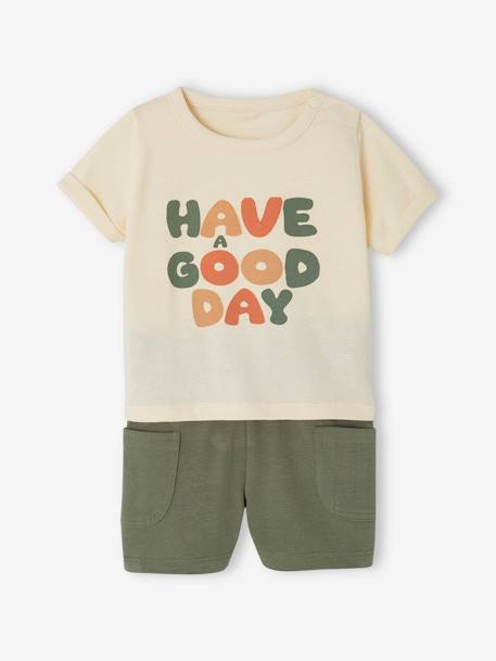 T-Shirt with Motif + Baggy Shorts Combo for Babies khaki+WHITE LIGHT SOLID WITH DESIGN - vertbaudet enfant 