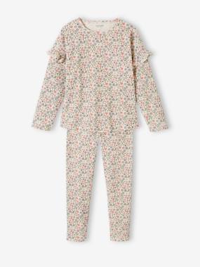 -Rib Knit Pyjamas with Floral Print for Girls