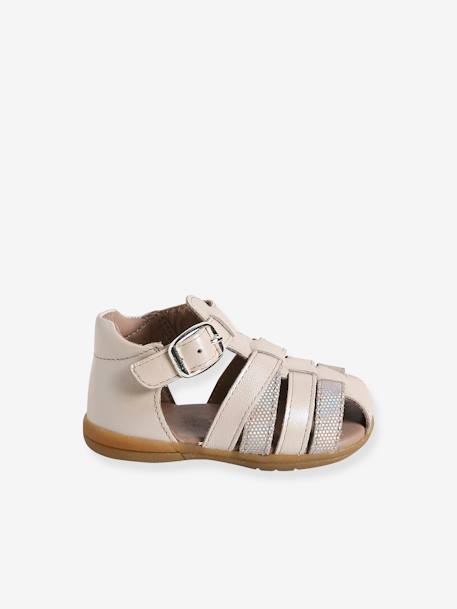Leather Sandals for Baby Girls, Designed for First Steps fuchsia+iridescent beige+pale blue - vertbaudet enfant 