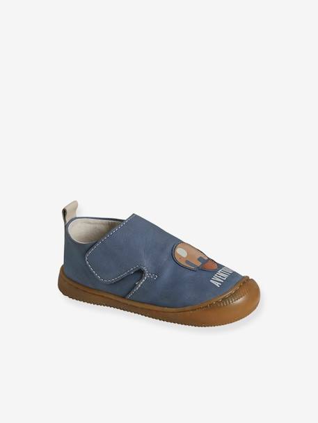 Indoor Shoes in Smooth Leather with Hook-&-Loop Strap, for Babies indigo - vertbaudet enfant 