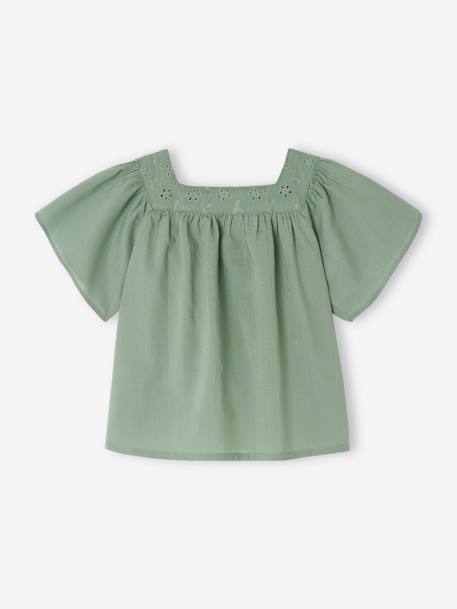 Blouse with Square Neckline, in Broderie Anglaise, for Babies ecru+sage green - vertbaudet enfant 