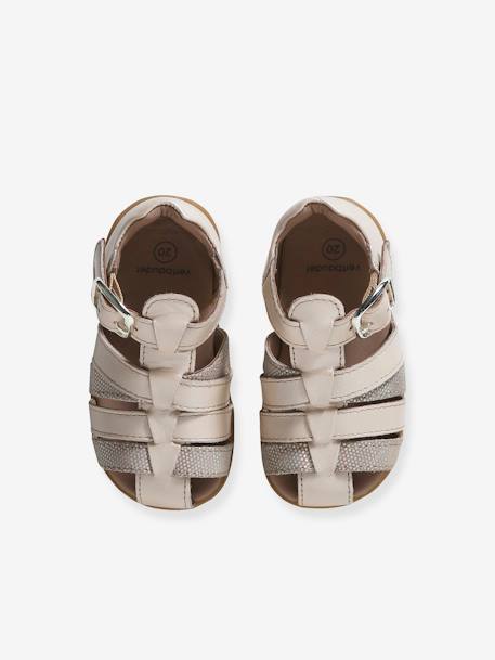 Leather Sandals for Baby Girls, Designed for First Steps fuchsia+iridescent beige - vertbaudet enfant 