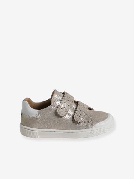Baskets enfant fille cuir à scratchs bordeaux+or+rose - vertbaudet enfant 