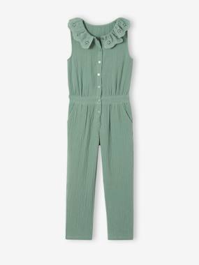 Girls-Dungarees & Playsuits-Cotton Gauze Jumpsuit for Babies, Broderie Anglaise Collar, for Girls