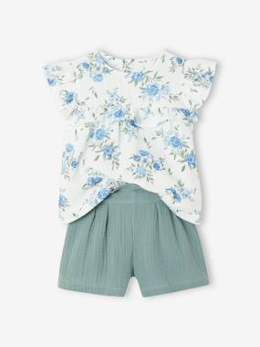 -Occasion Wear Outfit: Blouse with Ruffles & Shorts in Cotton Gauze, for Girls