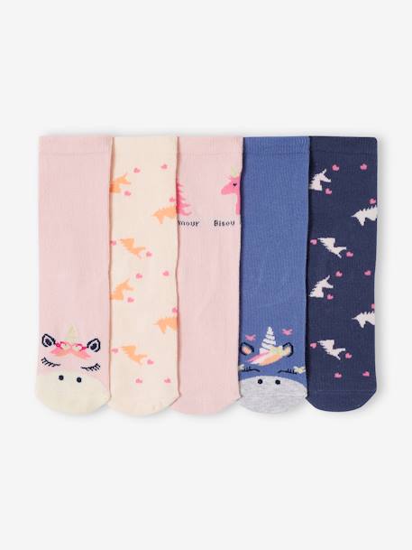 Pack of 5 Pairs of Unicorn Socks for Girls rose - vertbaudet enfant 