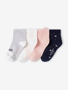 -Pack of 4 Pairs of Cat & Hearts Socks for Girls