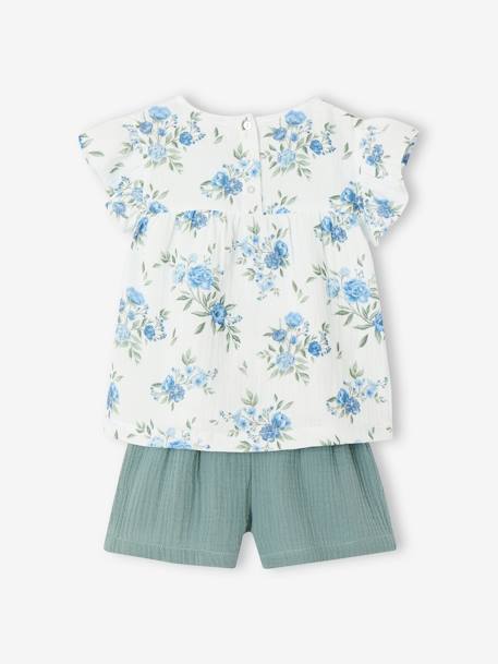 Occasion Wear Outfit: Blouse with Ruffles & Shorts in Cotton Gauze, for Girls printed blue+printed pink - vertbaudet enfant 